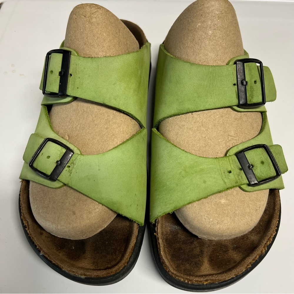 Birkenstock Betula platform Arizona 2 strap slide neon green leather black buckl